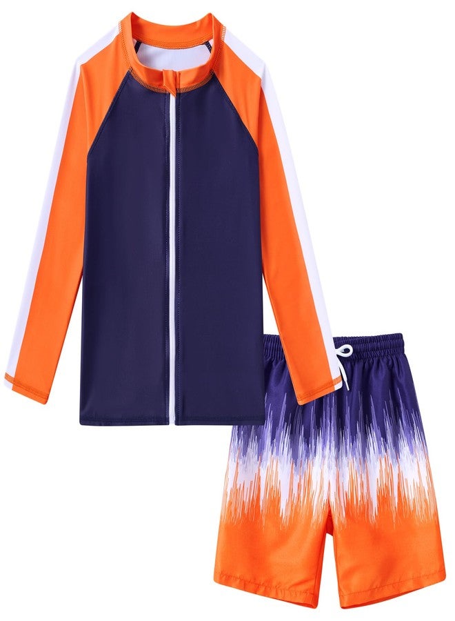 SunFocus Boys Swim Set Two Piece Bathing Suit Kid Rash Guard Swimwear Long Sleeve Zipper Swimsuit Swim Trunks with Shirt Orange Graffiti Size 5t 6t - Image 1